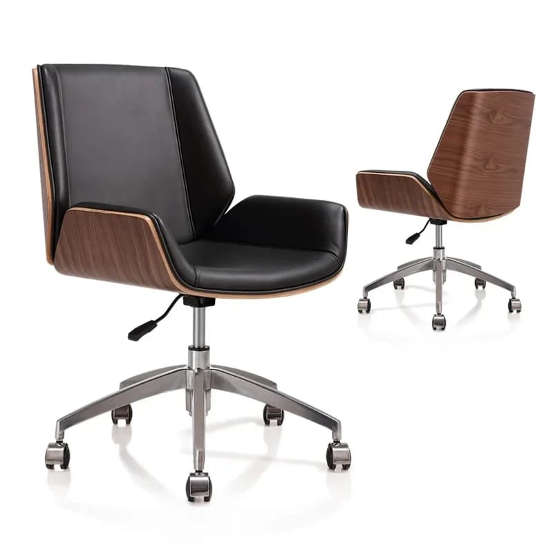 Mid-Back Bentwood Swivel Office Computer Stoel Pu Lederen Kantoor Meubels Voor Thuis, Conferentie Mid Century Verstelbare Fauteuil