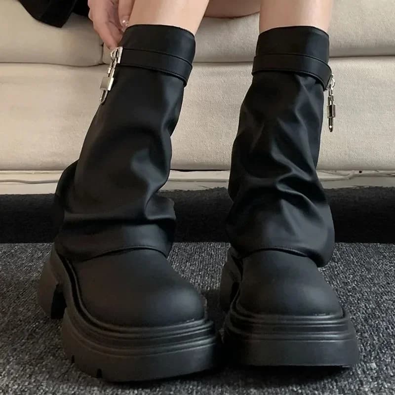 Hak Laarzen Schoenen Ronde Neus Luxe Designer Laarzen-Dames Elegante Lolita Herfst Rock Dames Mode Enkel 2024 Effen Slip