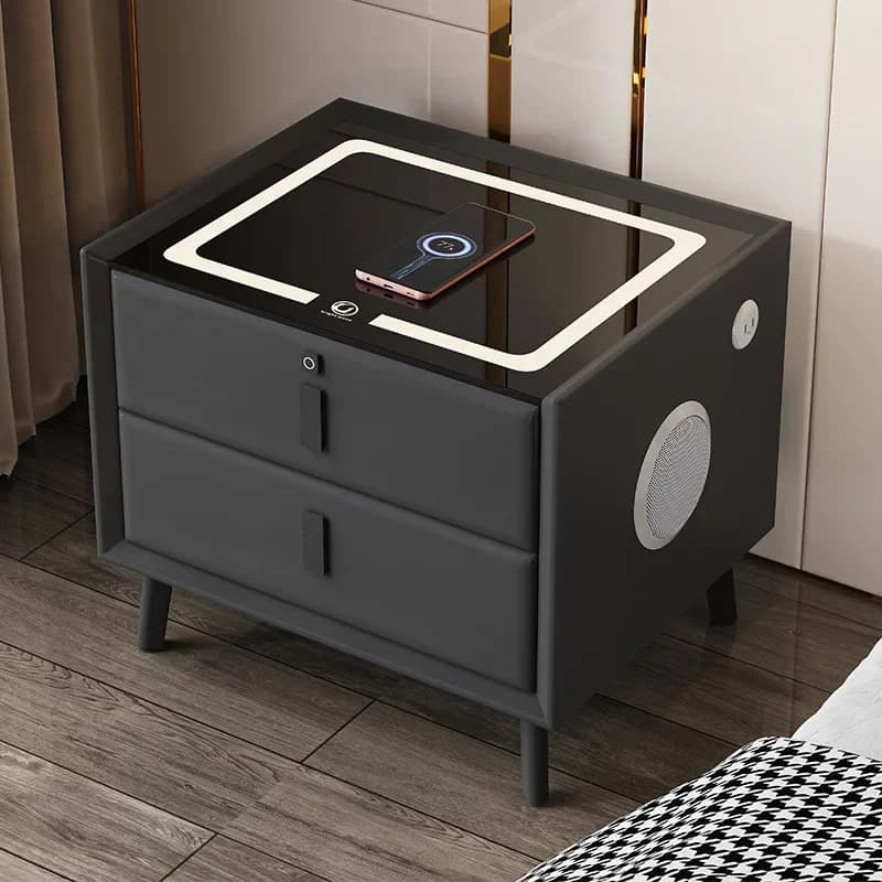 Slim nachtkastje in Scandinavische stijl met 2 lades, 50 cm lederen nachtkastjes met draadloos opladen, zijkast voor thuis met USB