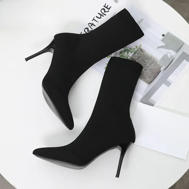 Sexy Sok Laarzen Breien Stretch Laarzen Hoge Hakken voor Vrouwen Mode Schoenen 2024 Lente Herfst Enkellaarsjes Vrouwelijke Maat 42