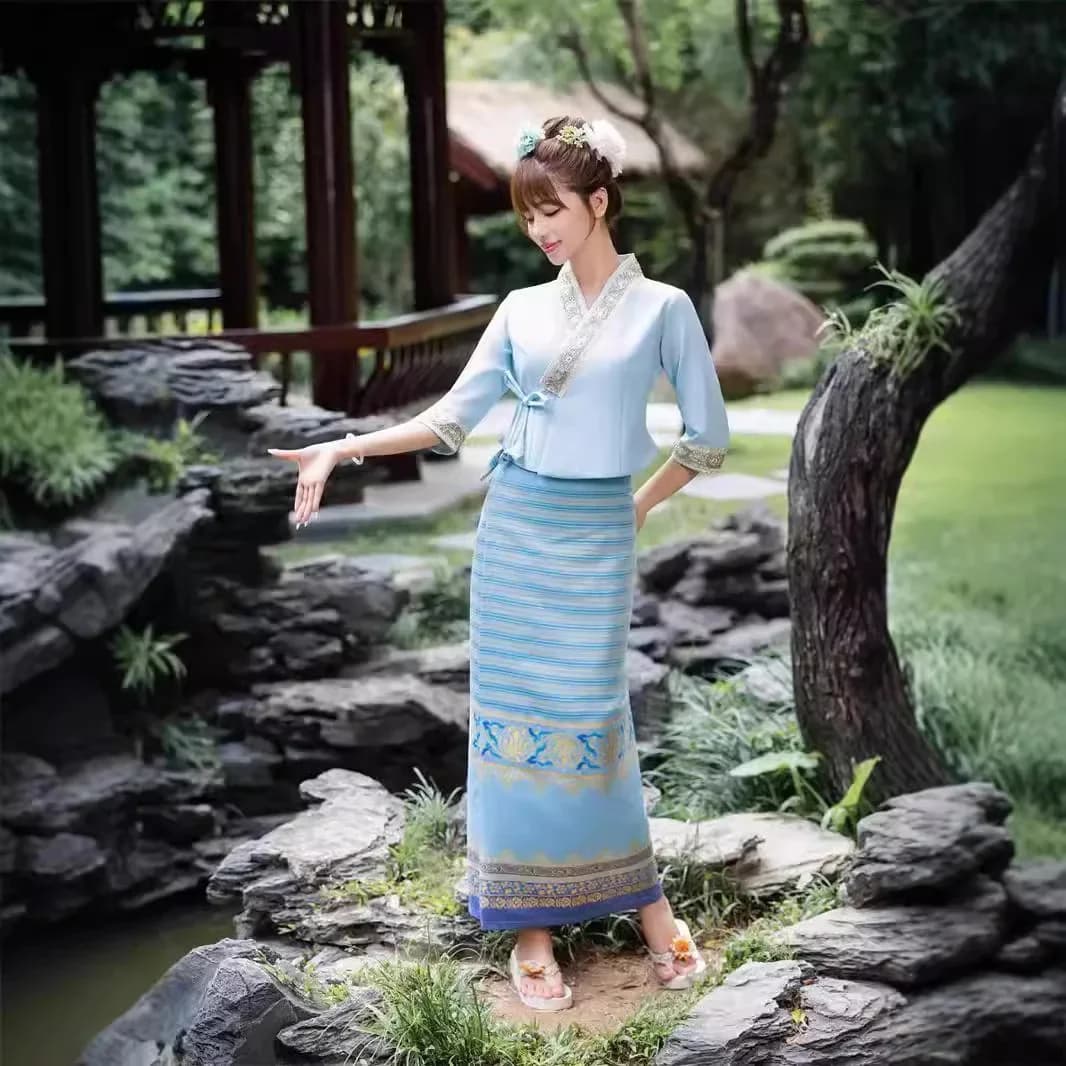 Thailand Myanmar vrouwen Dai kledingset Thaise traditionele kleding voor meisje Mid mouw Dai pak Nationale Outfit Etnisch kostuum