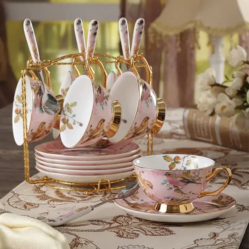 Bone China Kopje Koffie Set Roze Vogel Porseleinen Kopje Thee Set Geavanceerde Keramische Pot Mok Suikerpot Creamer Theepot Melk jug Teaset