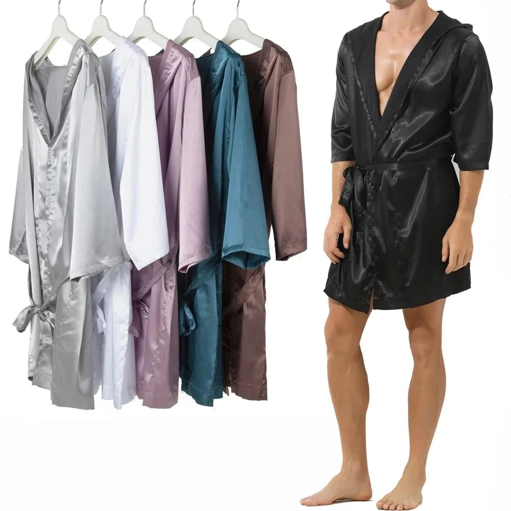 Heren Hooded Badjas Korte Mouwen Huis Robe Satijn Zijde Lounge Badjassen Met Riem Heren Pyjama Homme Kimono Gewaden nachtkleding