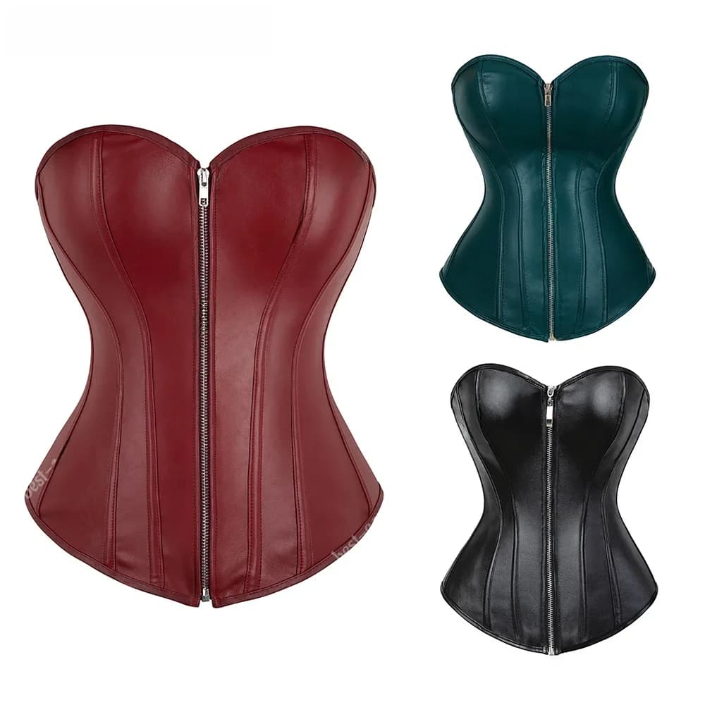 Corset Top Voor Vrouwen Rood Faux Lederen Corset Bustier Plus Size Gothic Bruine Steampunk Overbust Korset Rits