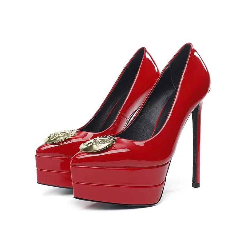 2023 Klassieke Zomer Merk Mode Bruiloft Schoenen Party Sexy Hoge Hakken Metalen Dunne Hakken Vrouwen Lakleer Hoge Hakken 34-43