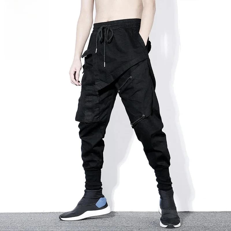 Tactische Functionele Cargo Broek Mannen Hip Hop Streetwear Elastische Taille Broek Joggers Onregelmatige Multi-Pocket Broek Zwart WB520