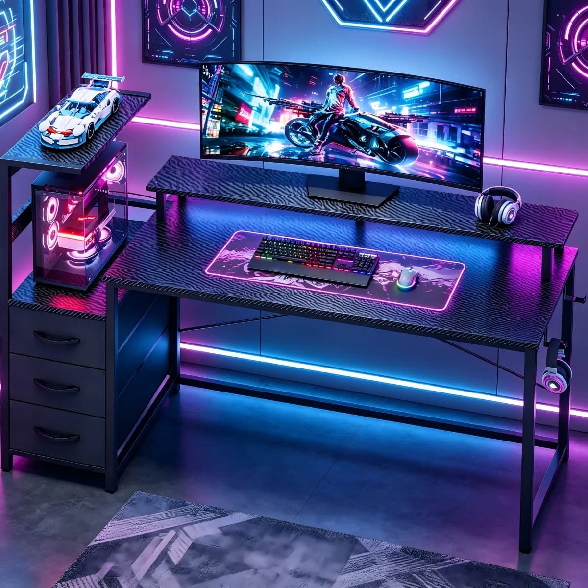 Gamingbureau met plank en laden, bureau met LED-verlichting, 2 ingebouwde stopcontacten en 1 USB-poort, computertafel met opbergplank en monitorhouder