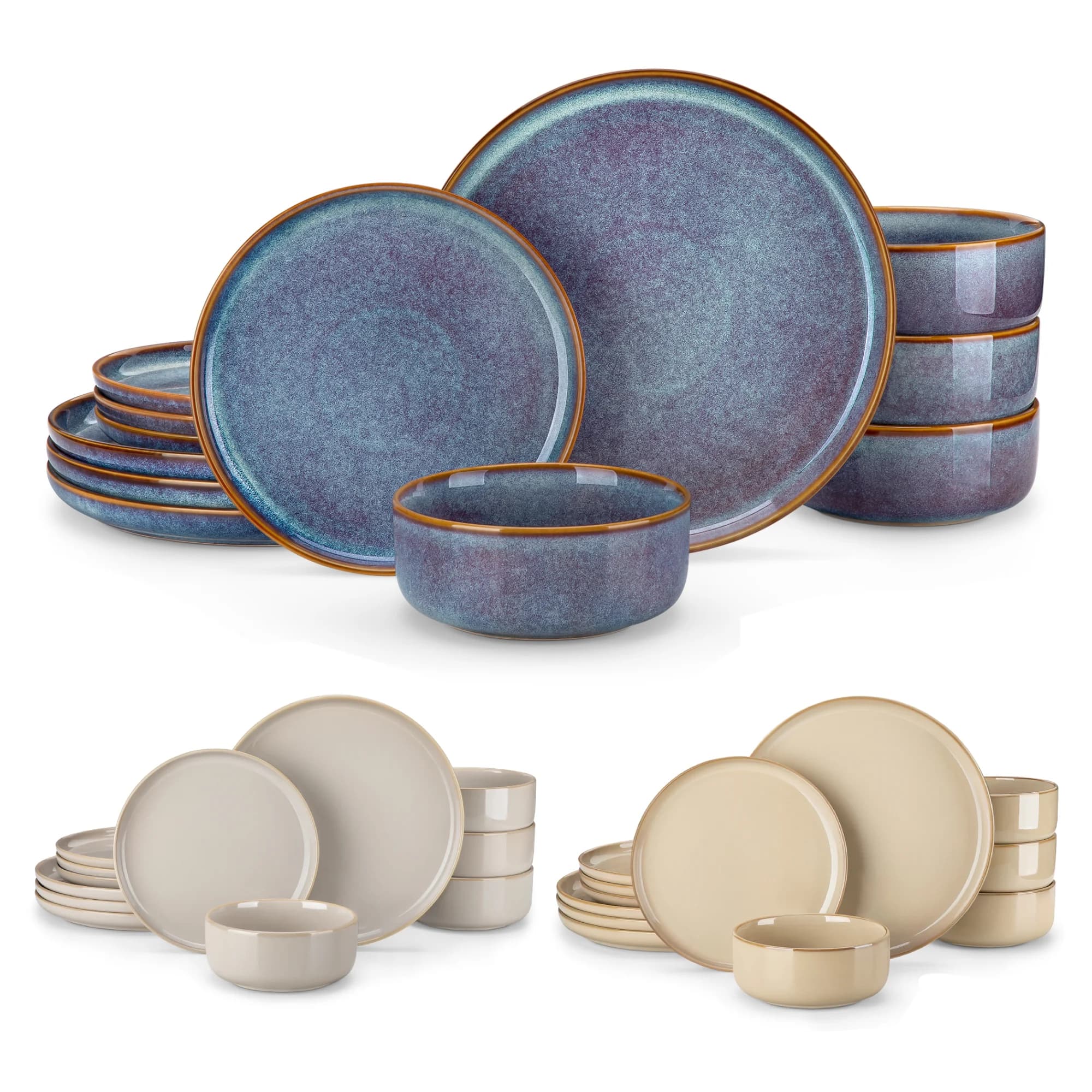 Vancasso 12/24-delige PLAYA steengoed serviesset met reflecterende glazuur, 3 kleuren borden, inclusief 4 dinerborden/dessertborden/schaaltjes