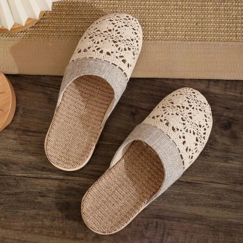 Dames Indoor Linnen Slippers 2025, Lente Zomer Schoenen Antislip Lichtgewicht Ademend Kant Koppels Thuis Vloerglijbanen