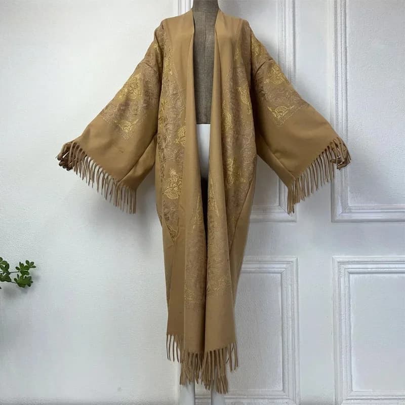 2024 Winyi Herfst Kimono Winter Vrouwen Kwast Borduurwerk Lange Jas Revers Jas Dikke Warme Gratis Maat Midden Oosten Vrouwelijke Abaya
