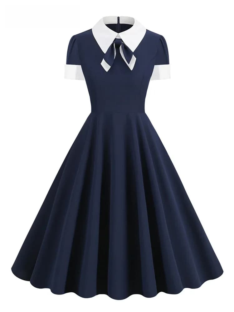 Tonval Turn Down Kraag Strik Voorzijde Marineblauwe Zomerjurken voor Dames 2025, Formele Gelegenheid, Vintage Stijl Elegante Jurk