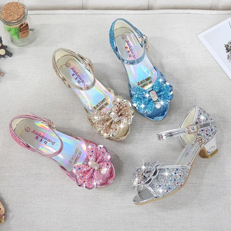 5-kleuren kinderen prinses sandalen kinderen meisjes trouwschoenen hoge hakken kleding schoenen strikje goud roze blauw zilveren schoenen voor meisjes