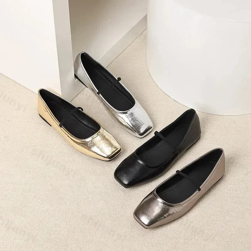 2025 Nieuwe Dames Mary Janes Zachte Zool Flats Dames Retro Vierkante Neus Zilver Goud Party Lederen Loafers Elegante Slip-on Balletschoenen