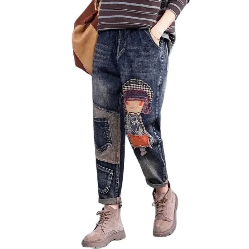 Lente Zomer Oversized Elastische Taille Jeans Vrouwen Losse Denim Casual Broek All-Match Patch Borduurwerk Harembroek Jeans Dames