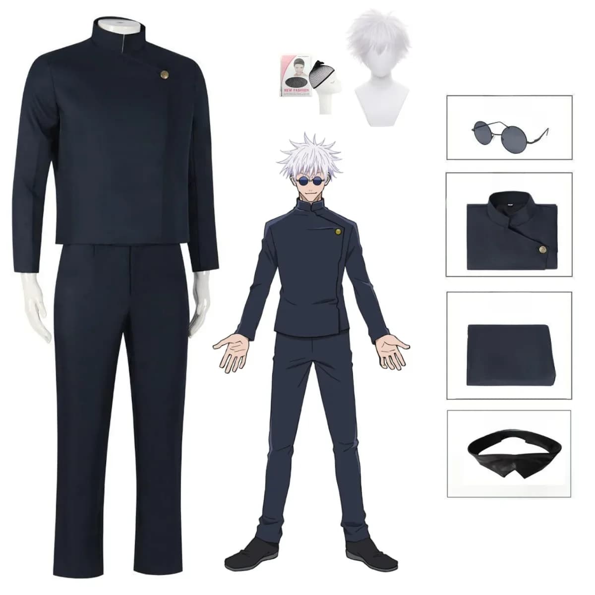 Gojo Satoru Cosplay Kostuum Anime Jujutsu Kaisen Cosplay Kostuum Marineblauw Uniform Pruik Pak Halloween Heren Kwaliteit Uniformen