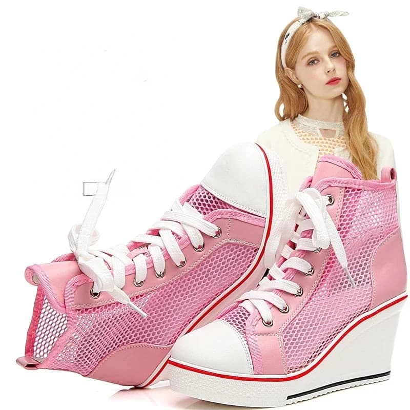 2026 Wedge Heel 8cm Verhogende Net Schoenen Dikzool Sandalen Dames Casual Veterschoenen High-top Holle Damesschoenen