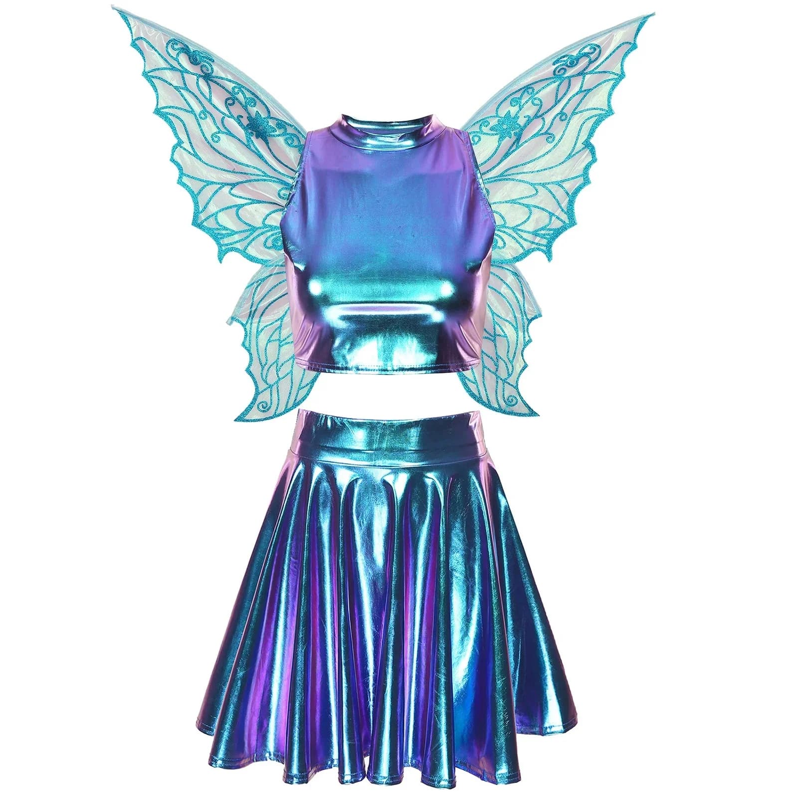 Vrouwen Halloween Fairy Elf Cosplay Prestatiekostuum Mouwloze Mock Neck Crop Top met Rok Vlindervleugels voor Themafeest