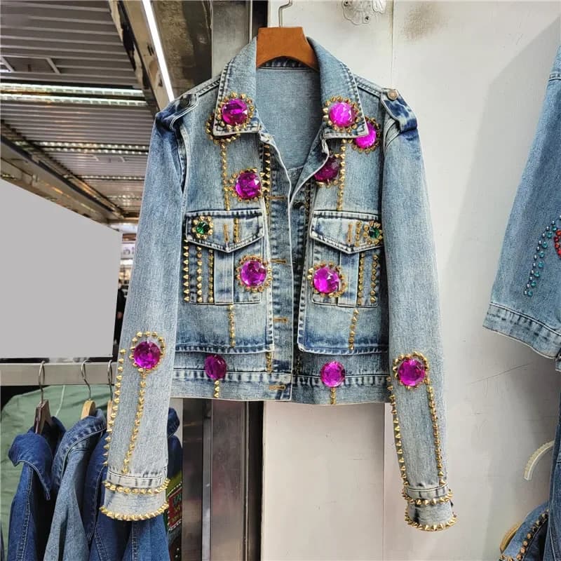 Luxe Vrouwen Diamanten Korte Denim Bomberjas Klinknagel Kralen Jeans Jack Steentjes Vest Revers Lange Mouw Streetwear Tops