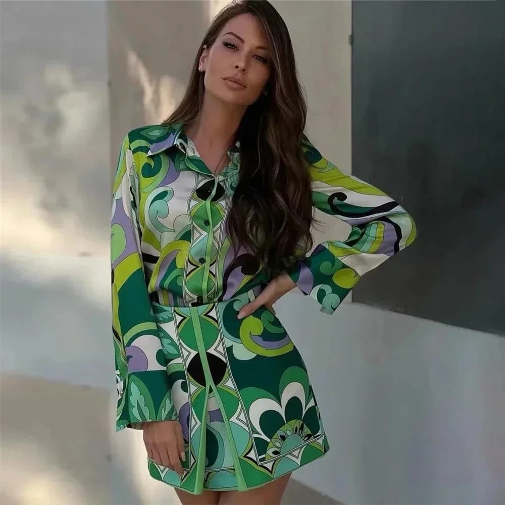 Zomerrokjes Sets Dames Tops 2024 Mode Lange Mouw Plant Print Bloemen Shirt Hoge Taille A-lijn Rok Boho Strand Sets Y2k Rok