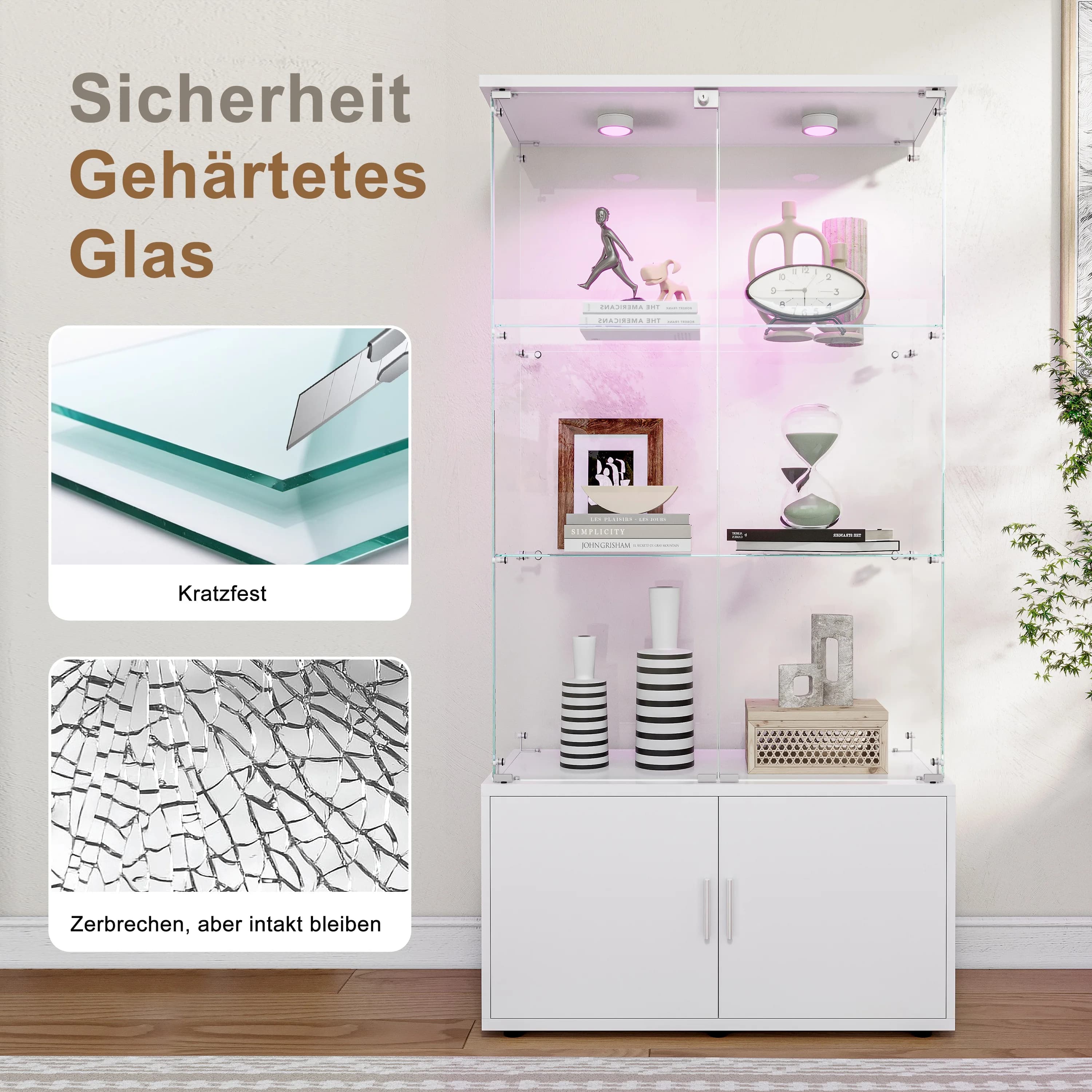 Rosahqnda LED glazen vitrine, 78x35x164cm, met 3 planken en dubbele deuren, woonkamer Curiosities kledingkast Moderne vitrinekast