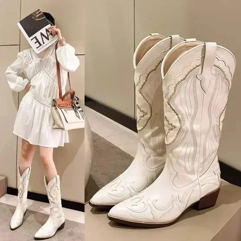 Dames Geborduurde Western Mid Kuit Laarzen Cowboy Vierkante Hakken Laarzen Puntige Neus Platform Laarzen Vrouwen Western Schoenen Plus Maat 42