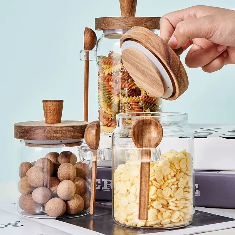 Glazen verzegelde pot Vijf korrels koffie- en theeopslagblik met houten lepel Kruidenfles Keuken Vochtbestendige opslagtank