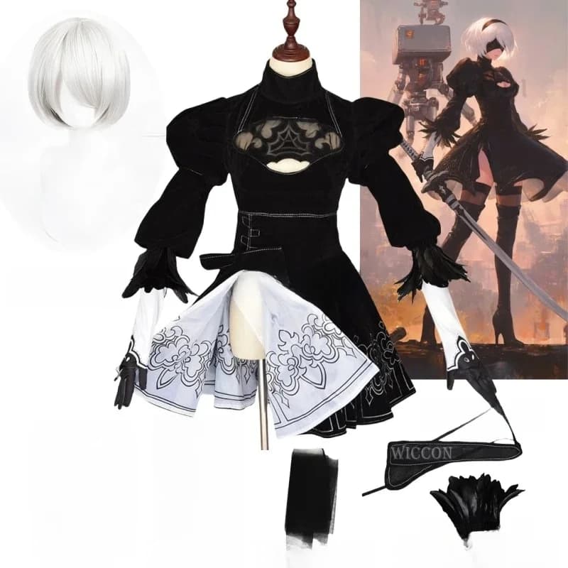 Nier Automaten Yorha 2B Cosplay Pak Anime Vrouwen Innerlijke Print Outfit Vermomming Kostuum Set Fancy Halloween Meisjes Party Zwarte Jurk