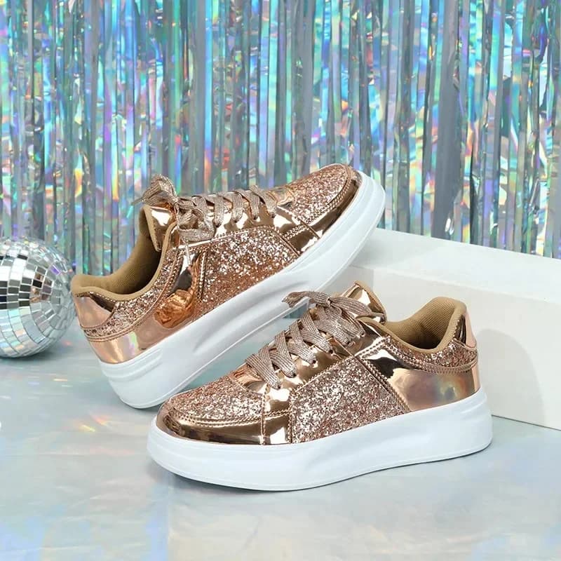 Vrouwen Platte Glitter Sneakers Casual Vrouw Mesh Veter Bling Platform Comfortabele Gevulkaniseerde Schoenen Zachte Zool Loafers Plus Maat 45