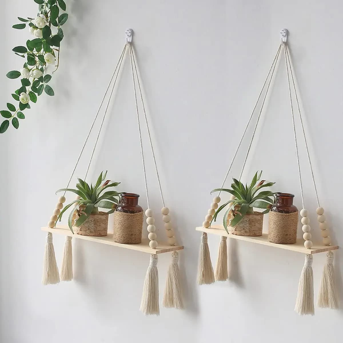 Macrame muurhangende plank kwastje hout decor geweven muurhangende plankplanken voor woondecoratie slaapkamer woonkamer taartstandaard
