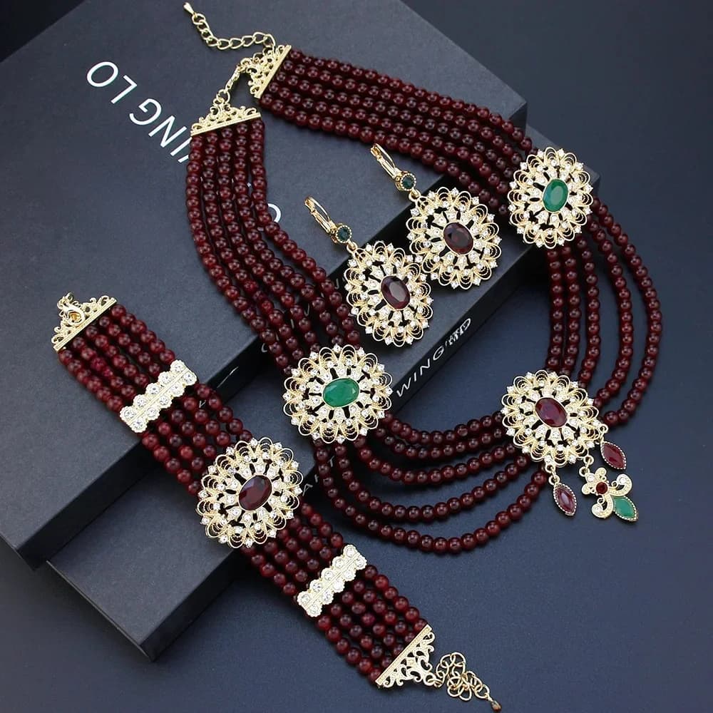 Sunspicems Elegent Marokko Algeria Bruid Sieraden Sets Parel Kralen Ketting Oorbel Armband Voor Vrouwen Goud Kleur Arabic Bijoux