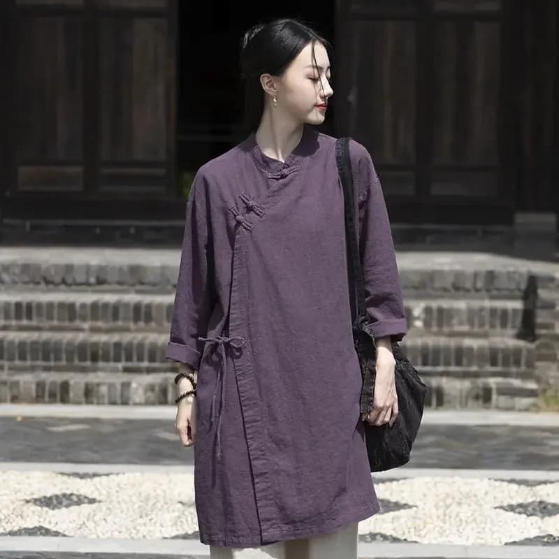 Zen-stijl damesshirt van puur katoen Dames lente en herfst Nieuwe meditatiekleding Katoen en linnen Nieuwe Chinese stijl tops