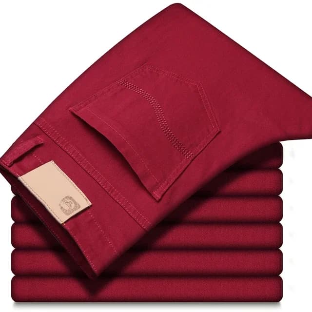 2026 Nieuwe Lente Herfst Wijnrode Jeans Heren Mode Casual Klassieke Stijl Zakelijk Rechte Pasvorm Zachte Broek Mannelijke Geavanceerde Broek