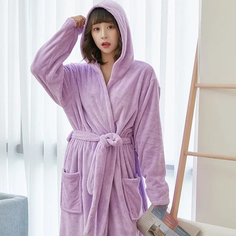 Koraal Fluwelen Badjassen Voor Vrouwen Lang Met Kap Herfst Winter Solid Pluche Microfiber Badjas Nachtkleding Thuis Badkamer Kleren