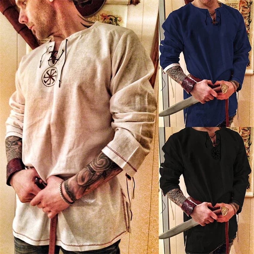 Halloween Ridder Cosplay Middeleeuwse Renaissance Kostuum Gewaad Viking Mannen Lange Mouw Tops Kostuum Middeleeuwse Kleding Piraat Vermomming
