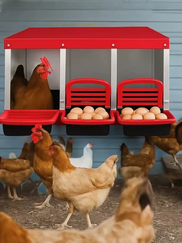 Kippenlegbatterij, 3 compartimenten, uitrolbaar nest van metaal met een hellende bodem en ventilatiegaten, eenvoudig te reinigen eieropvangbakken voor