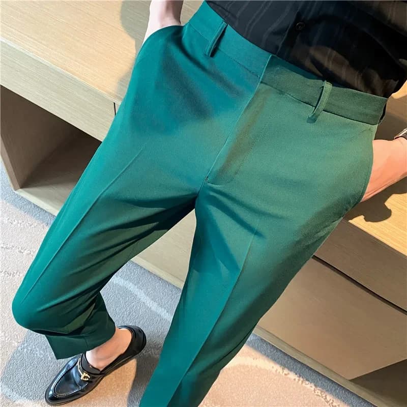 9 kleuren zomer mode heren pak broek pure kleur zakelijke formele broek slim fit kantoor heren bruiloft sociale enkel lange broek