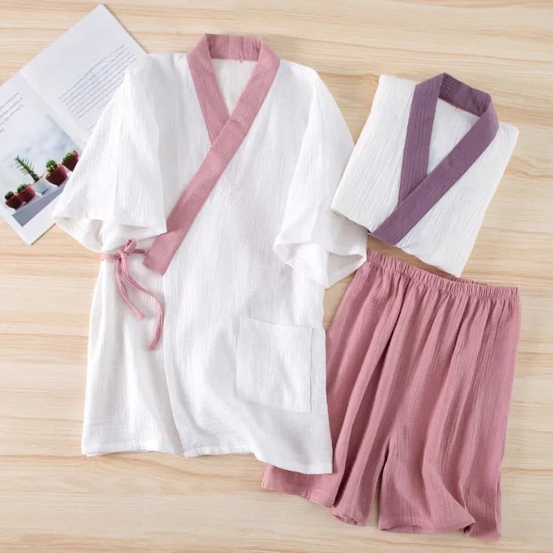 Fdfklak Japanse Stijl Night Kimono Pyjama Vrouwen Nachtkleding Set Verse Kleur Katoenen Garen Crêpe Korte Mouwen Shorts Thuis pak