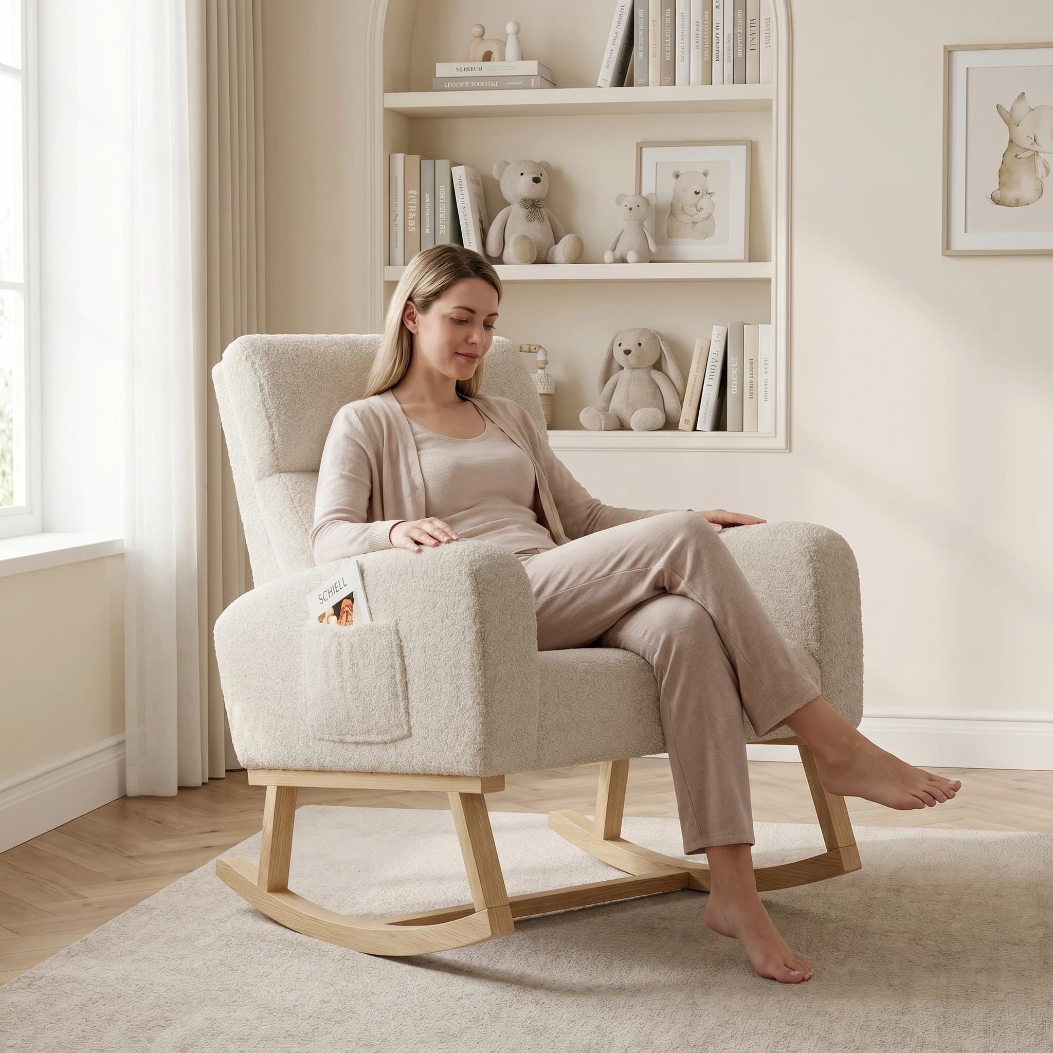 Anajqaqia Relaxfauteuil, Verpleegstoel met zijvak, Schommelstoel met massief houten poten voor de woonkamer, Teddy Velvet