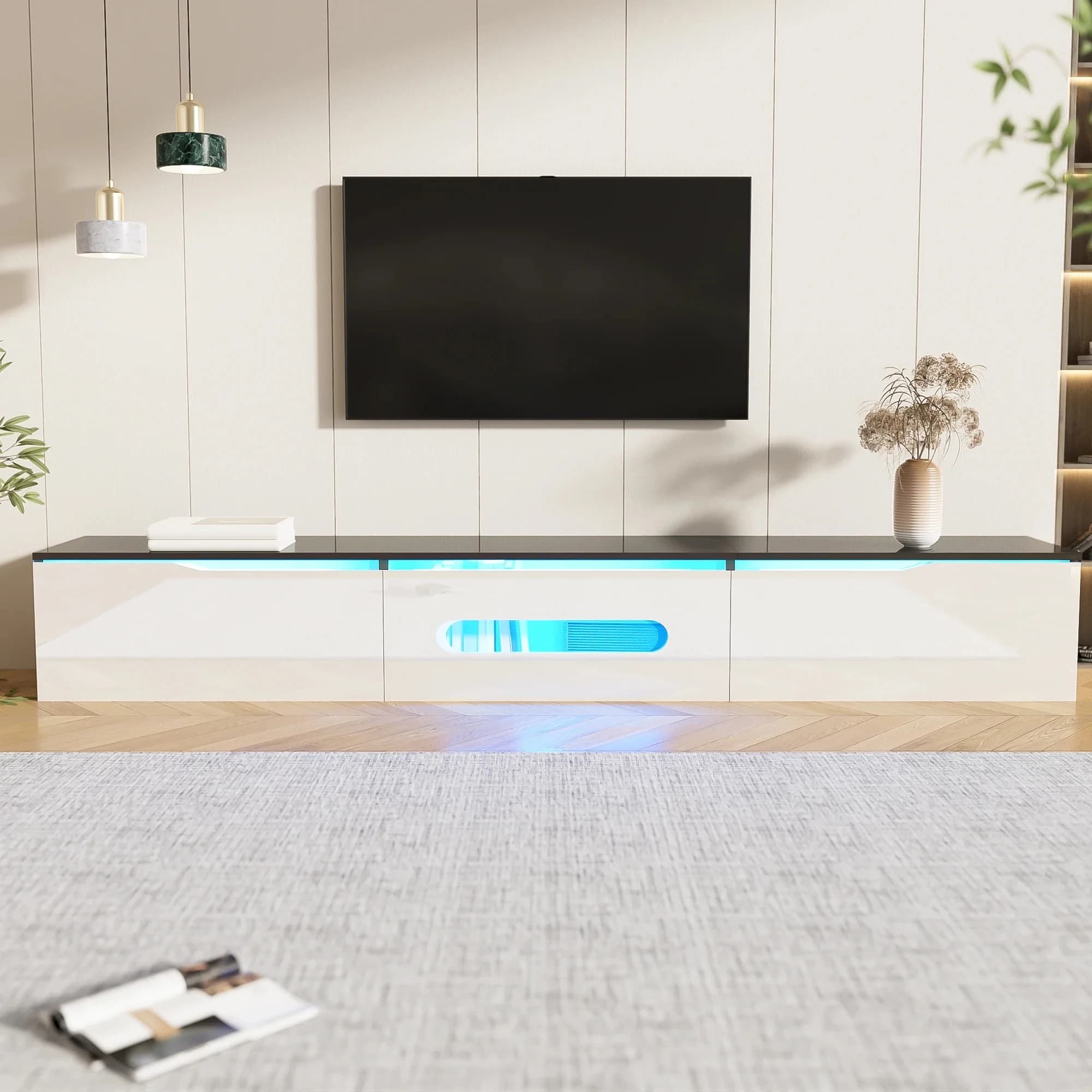 TV-meubel zwart en wit, 180 cm lang, hoogglans afwerking met 16-kleuren LED-verlichting, aan de wand te bevestigen laag meubel, televisiemeubel