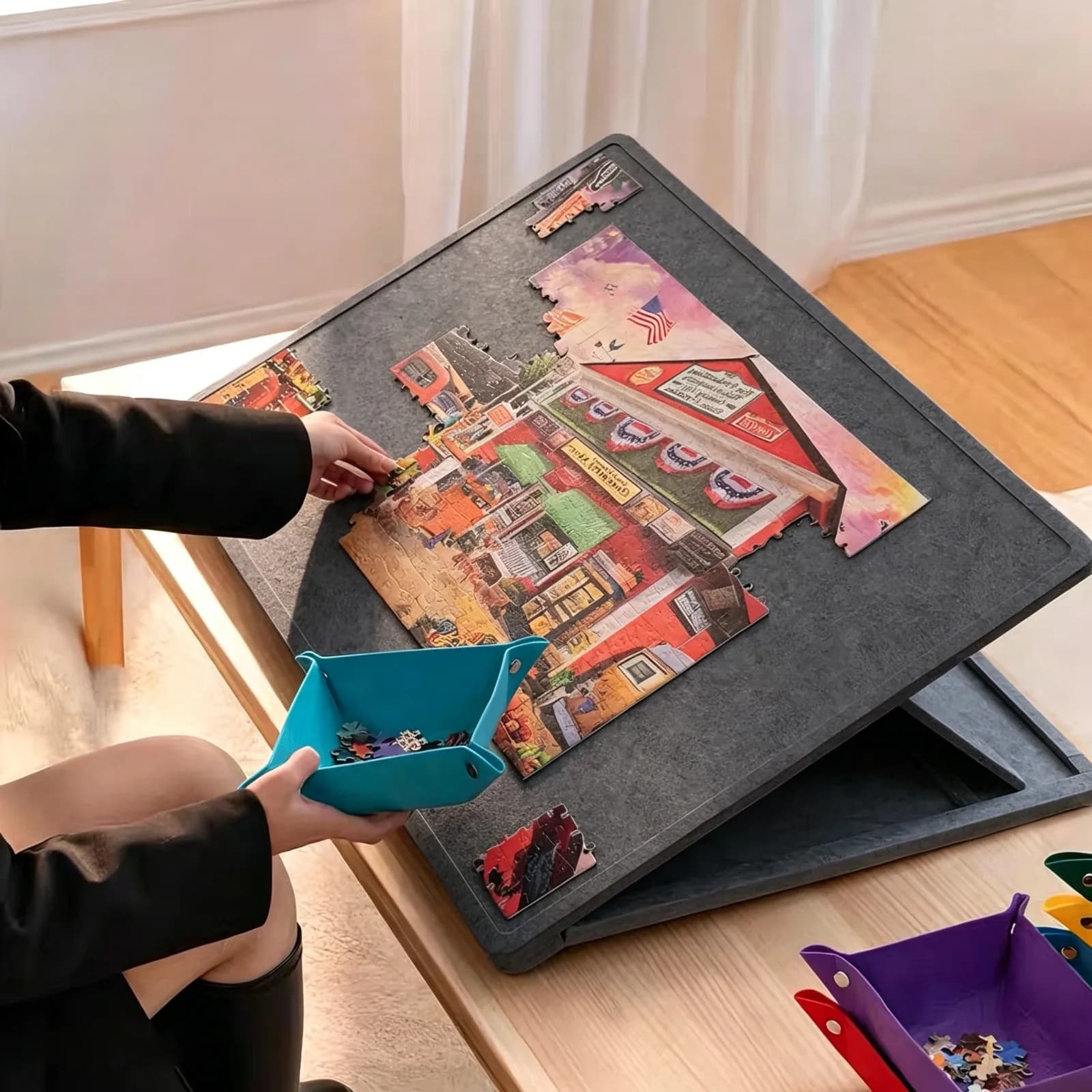 Draagbare puzzelplank van vilt, 1000 stukjes, puzzelplatform, puzzelspellen, 2-in-1 standaard en beschermhoes met 6 sorteerladen
