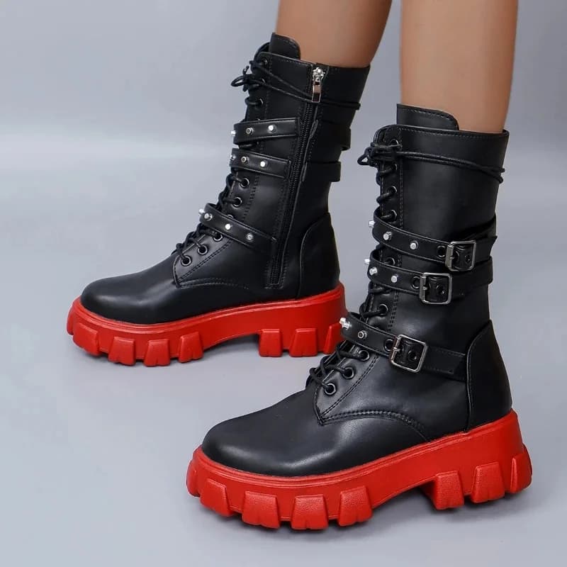Luxe Dameslaarzen Pu Leer Dames Halfhoge Laarzen Punk Gothic Biker Laarzen Zijrits Schoenen Voor Vrouwen Nieuwe botines Para Mujeres