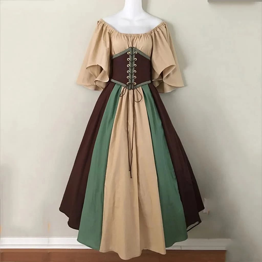 Vrouwen patchwork middeleeuwse renaissancejurk Halloween gotische off-shoulder retro lange jurk