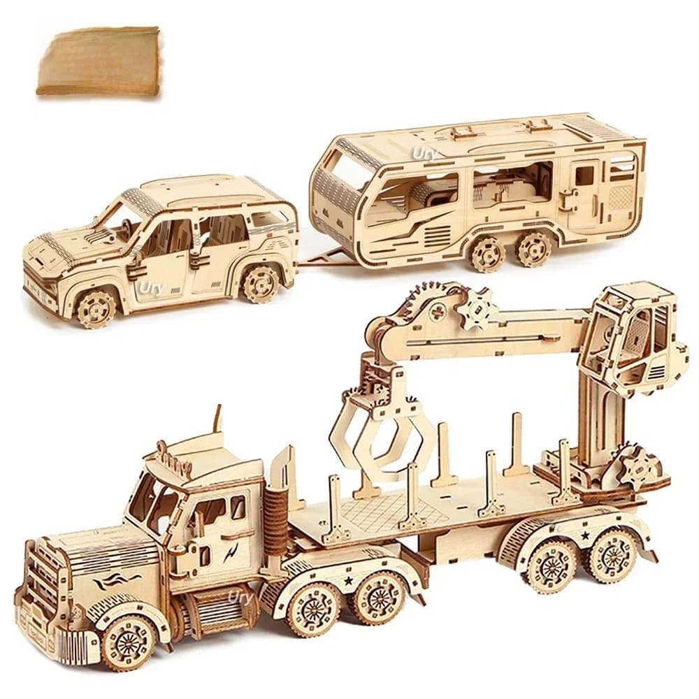 Ury 3D Houten Puzzel Beweegbare Retro Tweedekker Kraan Bulldozer Handgemaakte Montage Truck Model DIY Speelgoed Decoratie Cadeau voor