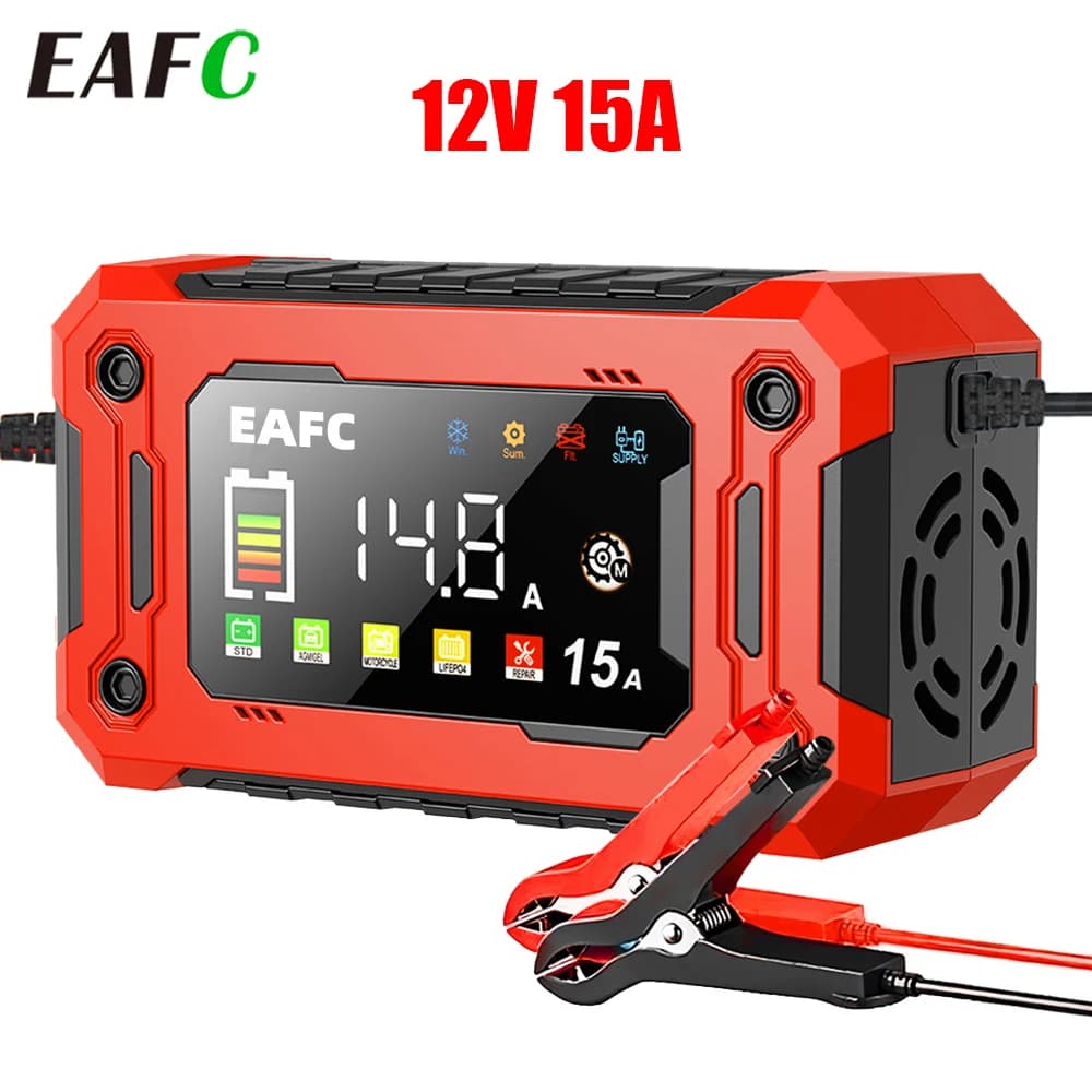 EAFC 12V 15A 8A Auto Batterij Oplader Groot Scherm Plus Reparatie Oplader voor Auto Moto SUV Lithium AGM Lood-zuur GEL LCD Display