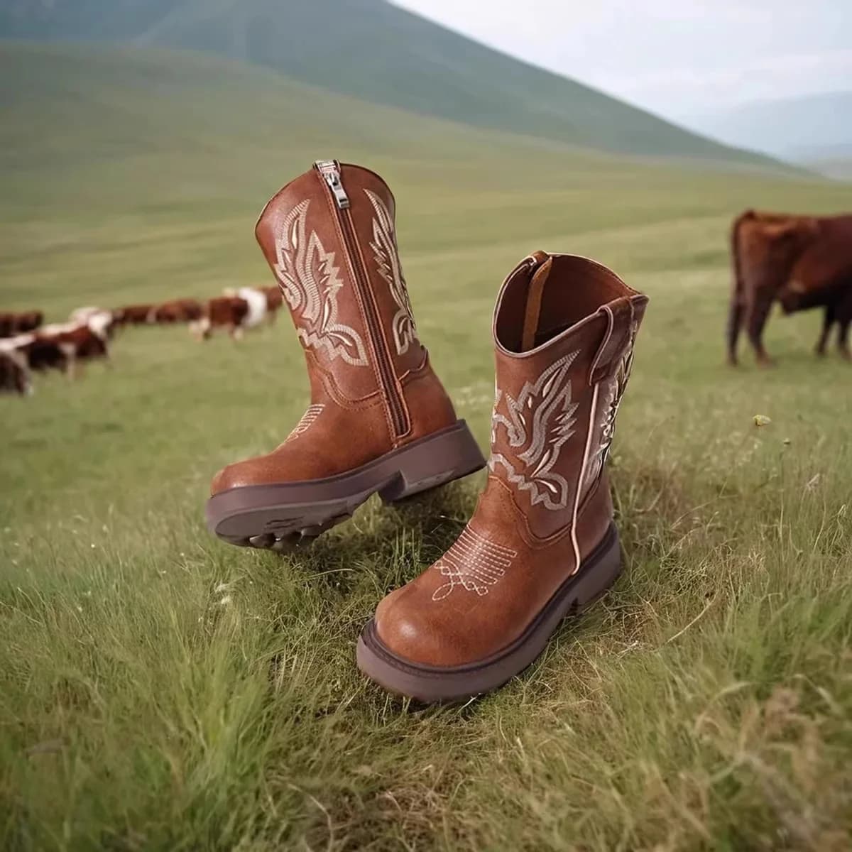 2024 PU-leren kinderlaarzen Klassieke westerse cowboyborduurwerk Meisjes lange laarsjes Kinderen herfst Zachte zool Retro prinseslaarzen