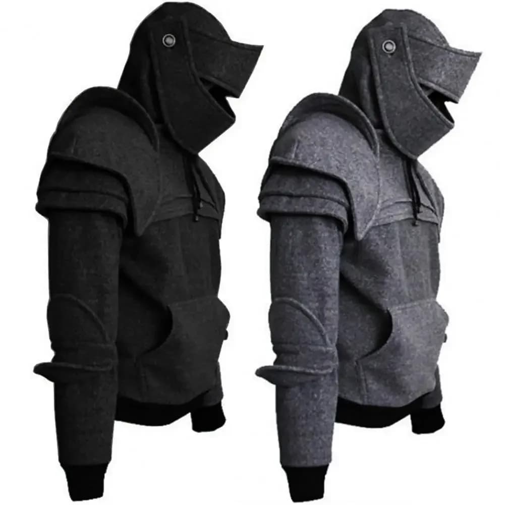 Heren sweatshirt effen kleur voorvak pullover hoodie middeleeuwse stijl gezichtsbedekking ridder sweatshirt met capuchon Halloween kleding
