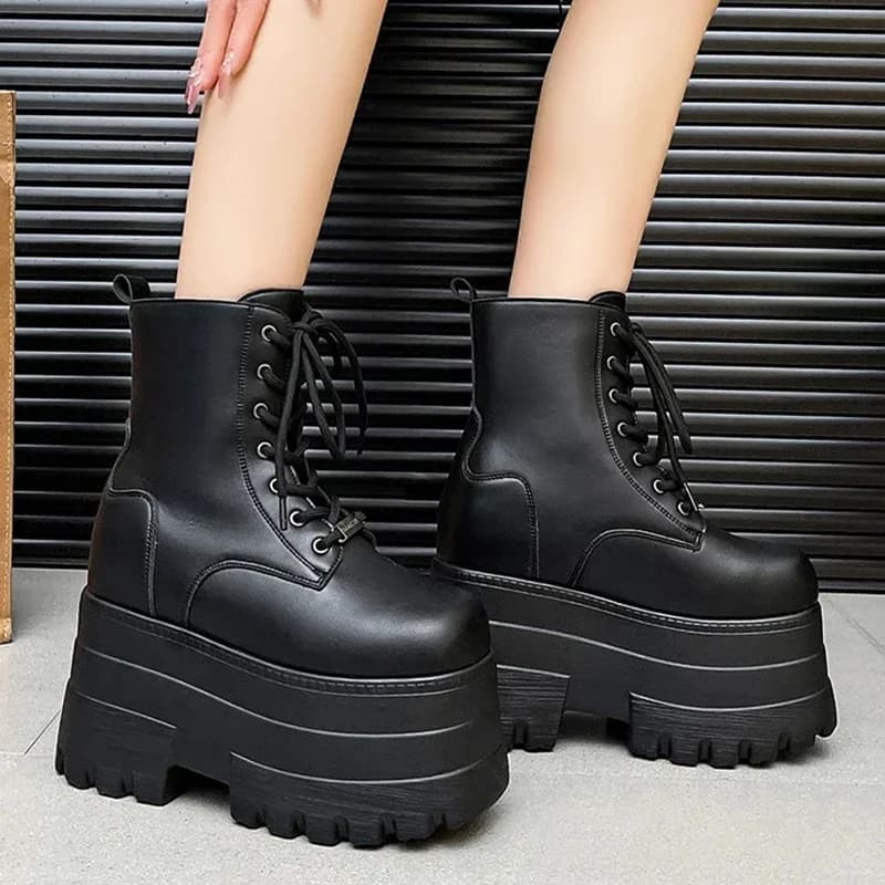 Vrouwen 13 CM Platform Laarzen Casual Outdoor Schoenen Dikke Eenvoudige Lace Up Ontwerp Enkellaarsjes Cool Nachtclub Party Zwarte Schoenen 35-43