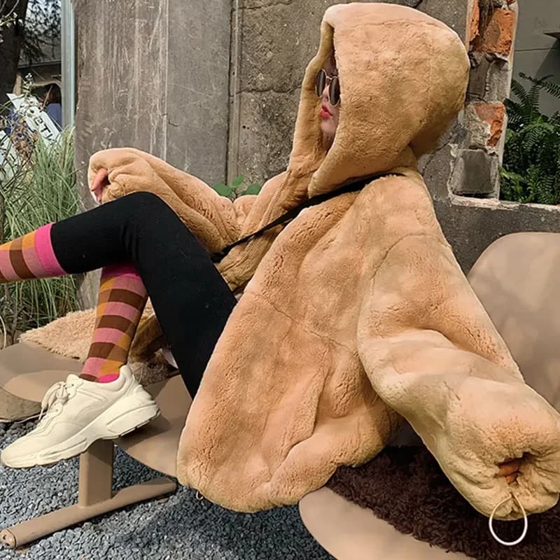 Oversize Parka's Dames Winter Bontjas Vrouwelijke Losse Faux Konijnenbont Rits Capuchon Dikker Korte Bontjas Dikke Harige Warme Jas