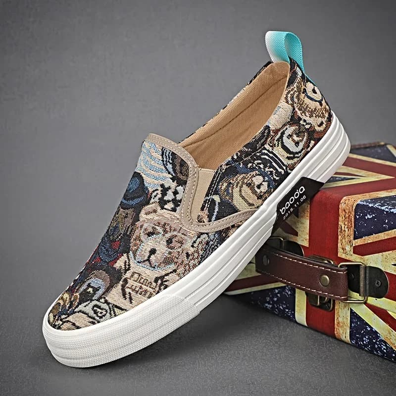 Canvasschoenen voor heren Mode Beer Afdrukken Ademende boardschoenen Koreaanse versie Zachte zool Lichtgewicht instapper Platte vrijetijdsschoenen