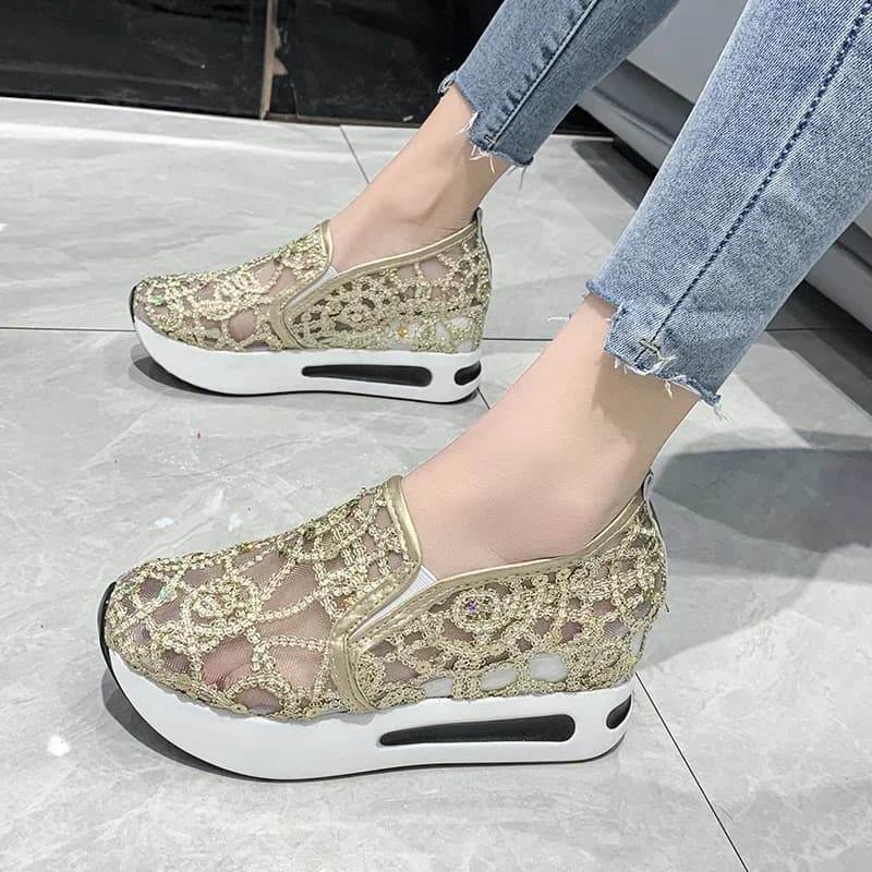 Platform Wiggen Vrouwen Sneakers Bloemen Borduren Mesh Sneakers Vrouwen Slip op Casual Comfy Hakken Schoenen voor Vrouw Tenis Feminino